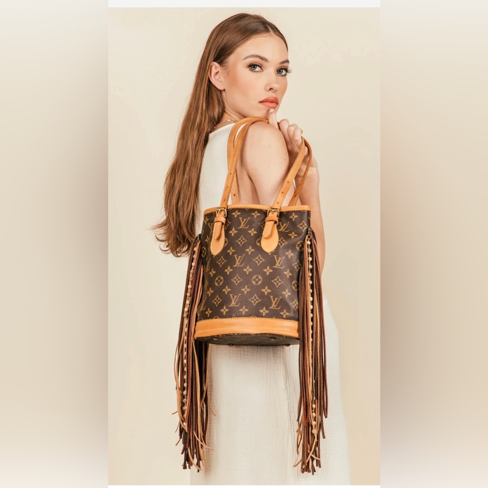 Vintage Boho Louis Vuitton Petit Bucket Bag with Fringe and Studs…